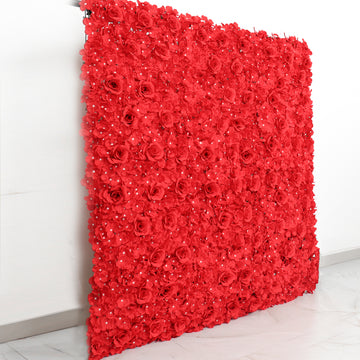 Red 3D Silk Rose and Hydrangea Flower Wall Mat Backdrop 4 Artificial Panels 11 Sq ft.