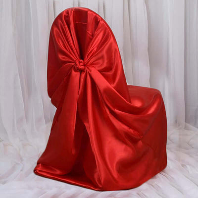 Red satin chair cover with bow detail.