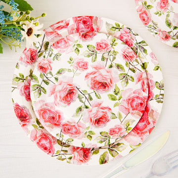 25 Pack Rose Flower Bouquet Design Appetizer Dessert Salad Paper Plates 300 GSM 7"
