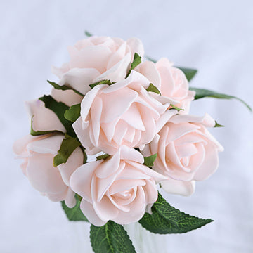 24 Roses Blush Artificial Foam Flowers With Stem Wire and Leaves 2"
