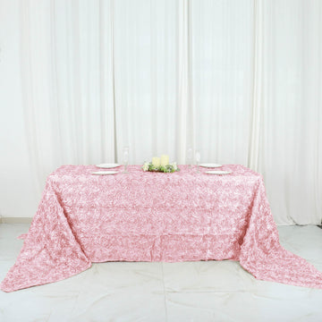90"x156" Blush Seamless Grandiose Rosette Satin Rectangle Tablecloth