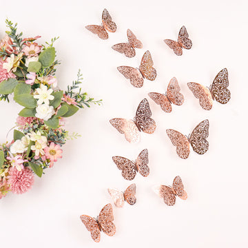 12 Pack 3D Rose Gold Butterfly Wall Decals DIY Removable Mural Stickers Cake Decorations