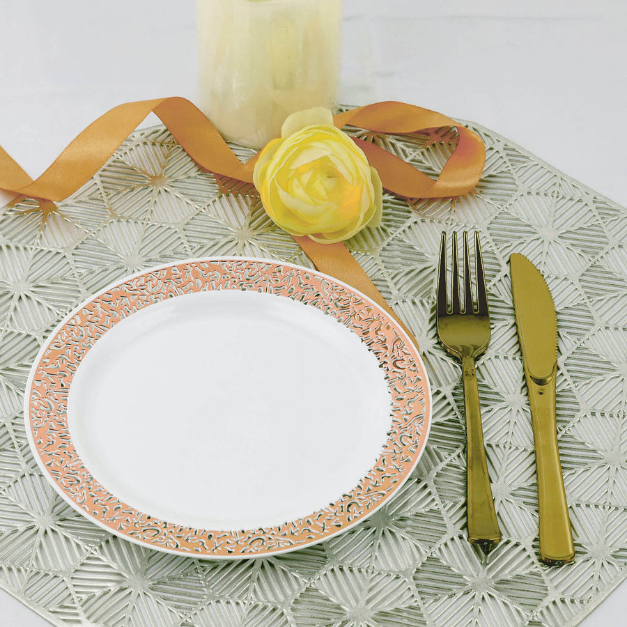 7 Inch Round Disposable Disposable White Plastic Dessert Plate With Rose Gold Lace Design Rim