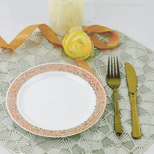 7 Inch Round Disposable Disposable White Plastic Dessert Plate With Rose Gold Lace Design Rim