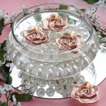 4 Pack 2.5" Rose Gold Rose Flower Floating Candles, Wedding Vase Fillers