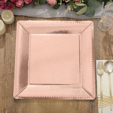 10 Pack 13" Rose Gold Textured Disposable Square Serving Trays, Leather Like Cardboard Charger Plates - 1100 GSM