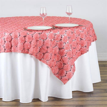 72"x72" Rose Quartz Satin 3D Blossoms Sequin Lace Square Table Overlay