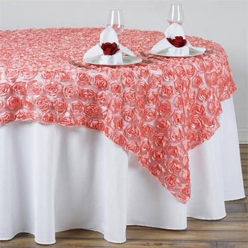 Elevate Your Event with the Rose Quartz Satin 3D Rosette Lace Square Table Overlay 72"x72"