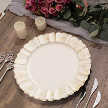 6 Pack Beige Acrylic Plastic Charger Plates With Gold Brushed Wavy Scalloped Rim 13" Round