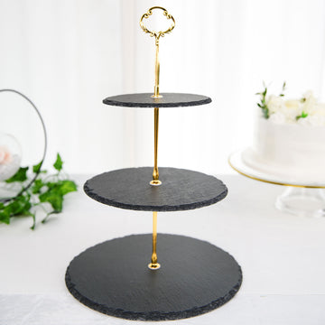15" Round 3-Tier Black Stone Plate Cupcake Stand, Dessert Holder Display