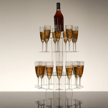 3-Tier Round Clear 21" Acrylic Champagne Glasses Flutes Display Stand, Wine Glass Rack Tower - Holds 23 Stemware + 1 Bottle