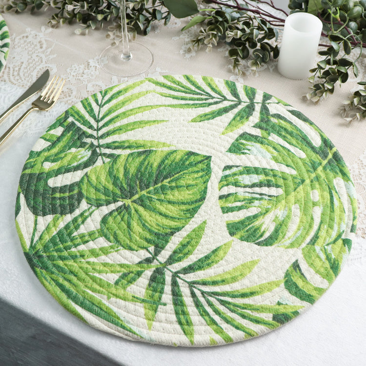Round Green Tropical Leaf Woven Placemats 4 Pack 15 Inch 