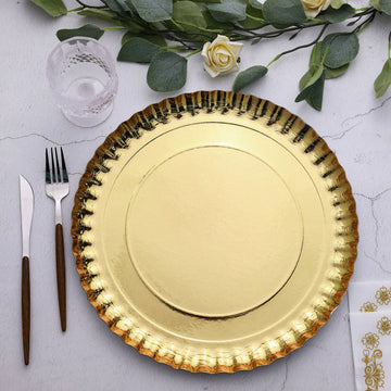 10 Pack Round Heavy Duty Paper Charger Plates, Scallop Rim Gold, Disposable Serving Trays 1100 GSM 13"