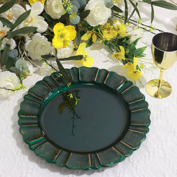 6 Pack | 13" Round Hunter Emerald Green Acrylic Plastic Charger Plates With Gold Brushed Wavy Scalloped Rim