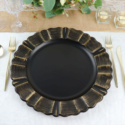 Elegant black plate with gold accents, perfect for dining decor.