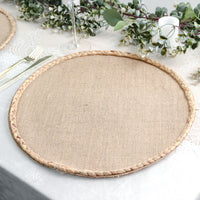 4 Pack | 15" Round Natural Rustic Burlap Jute Placemats Braided Edges, Farmhouse Placemats with Trim