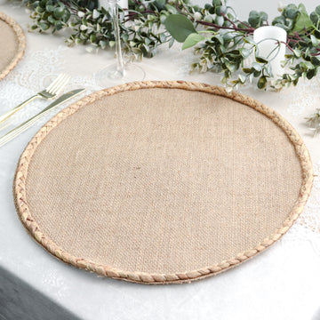 4 Pack Natural Rustic Burlap Jute Placemats Braided Edges, Farmhouse Placemats with Trim 15" Round