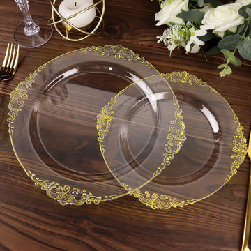 10 Pack | 8" Round Plastic Dessert Salad Plates In Vintage Clear, Gold Leaf Embossed Baroque Disposable Plates