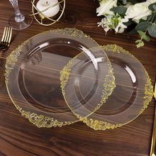 8 Inch Round Baroque Style Vintage Clear and Gold Leaf Embossed Disposable Plastic Plates 10 Pack