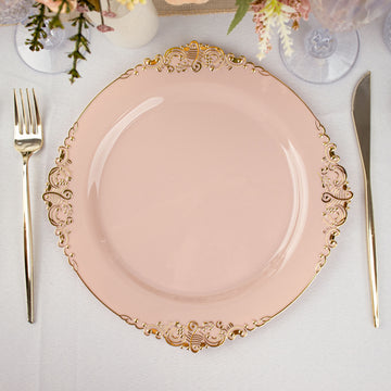 Elegant Vintage Blush Leaf Embossed Baroque Plastic Dinner Plates