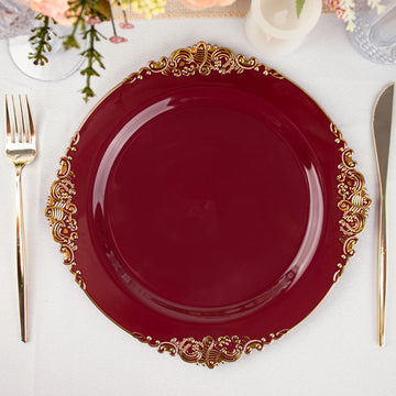 10 Pack Plastic Dinner Plates in Vintage Burgundy, Gold Leaf Embossed Baroque Disposable Plates 10" Round