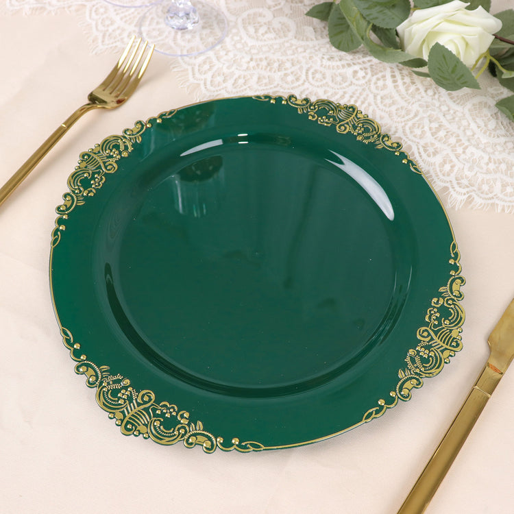 10 Pack Round Plastic Plates in Hunter Emerald Green with Gold Leaf Embossed Baroque Design 10 Inch