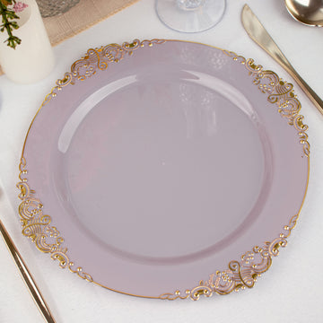 10 Pack Plastic Dinner Plates in Vintage Lavender Lilac, Gold Leaf Embossed Baroque Disposable Plates 10" Round