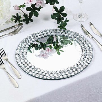 2 Pack Silver Mirror Glass Charger Plates with Diamond Beaded Rim 13" Round