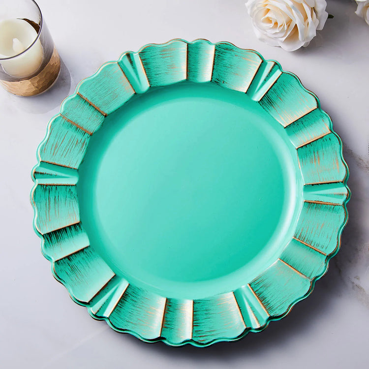 Round Turquoise Acrylic Plastic Charger Plate With Gold Brushed Scalloped Rim 13 Inch