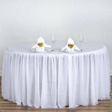 White 3 Layer Skirted Tablecloth, Fitted Tulle Tutu Satin Pleated Table Skirt 120" Round