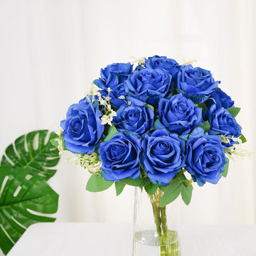 2 Bushes Royal Blue Artificial Silk Rose Flower Arrangements, Real Touch Long Stem Flower Bouquet 18"