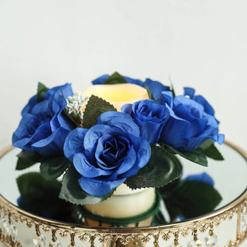4 Pack Royal Blue Artificial Silk Rose Flower Candle Ring Wreaths 3"