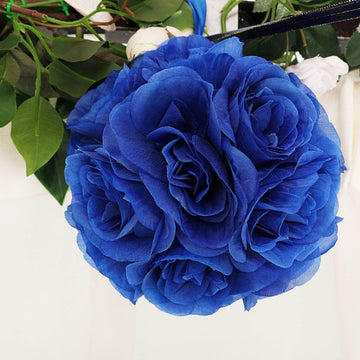 2 Pack Royal Blue Artificial Silk Rose Kissing Ball, Faux Flower Ball 7"