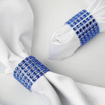 10 Pack Royal Blue Diamond Rhinestone Napkin Rings, Chair Sash Velcro Brooch Buckle