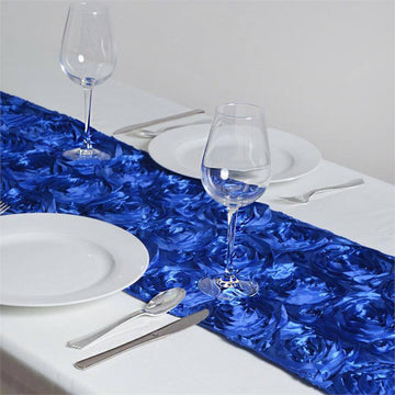 Elevate Your Event with the Royal Blue Grandiose Rosette Satin Table Runner