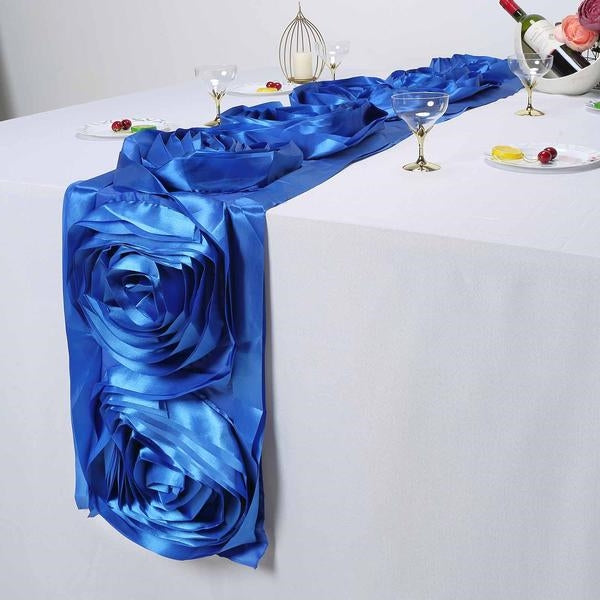 13 Inch x 104 Inch Royal Blue Large Rosette Flower Premium Satin Table Runner