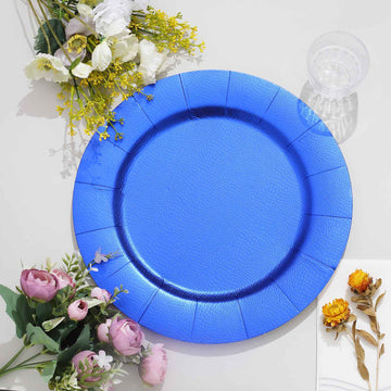10 Pack | 13" Royal Blue Leather Textured Disposable Charger Plates, Round Cardboard Serving Trays - 1100 GSM