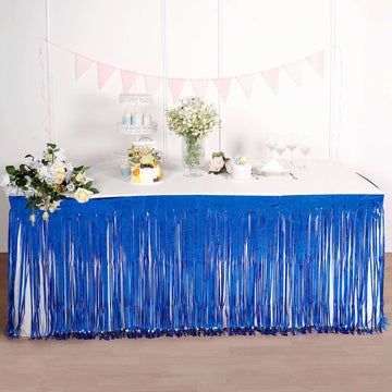 30"x9ft Royal Blue Metallic Foil Fringe Table Skirt, Self Adhesive Tinsel Table Skirt