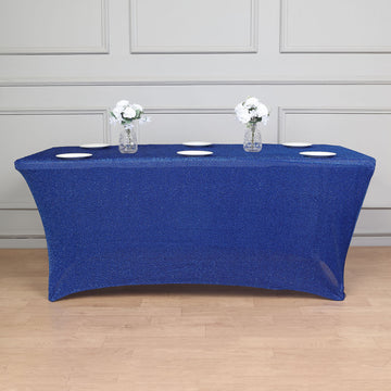 Add Glamour to Your Event with the Royal Blue Metallic Shimmer Tinsel Spandex Table Cover