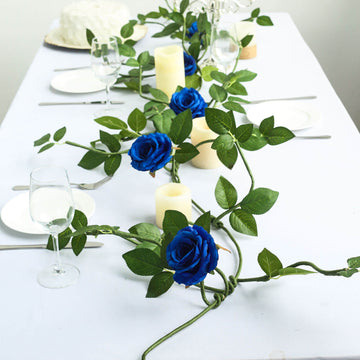 Royal Blue Real Touch Artificial Rose and Leaf Flower Garland Vine 6ft