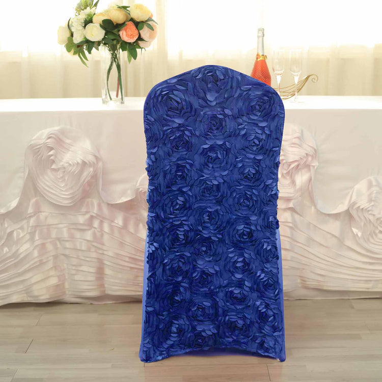 Satin Rosette Spandex Stretch Banquet Fitted Chair Cover In Royal Blue 5 Pack
