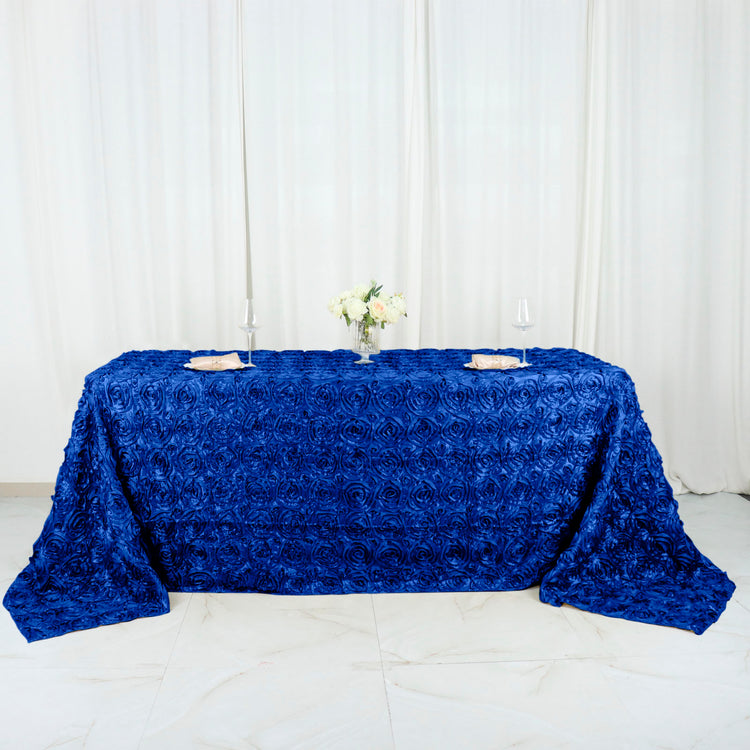 90x132inch Royal Blue Grandiose 3D Rosette Satin Rectangle Tablecloth