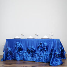 Royal Blue Colored 90 Inch x 156 Inch Rectangular Large Rosette Lamour Satin Tablecloth