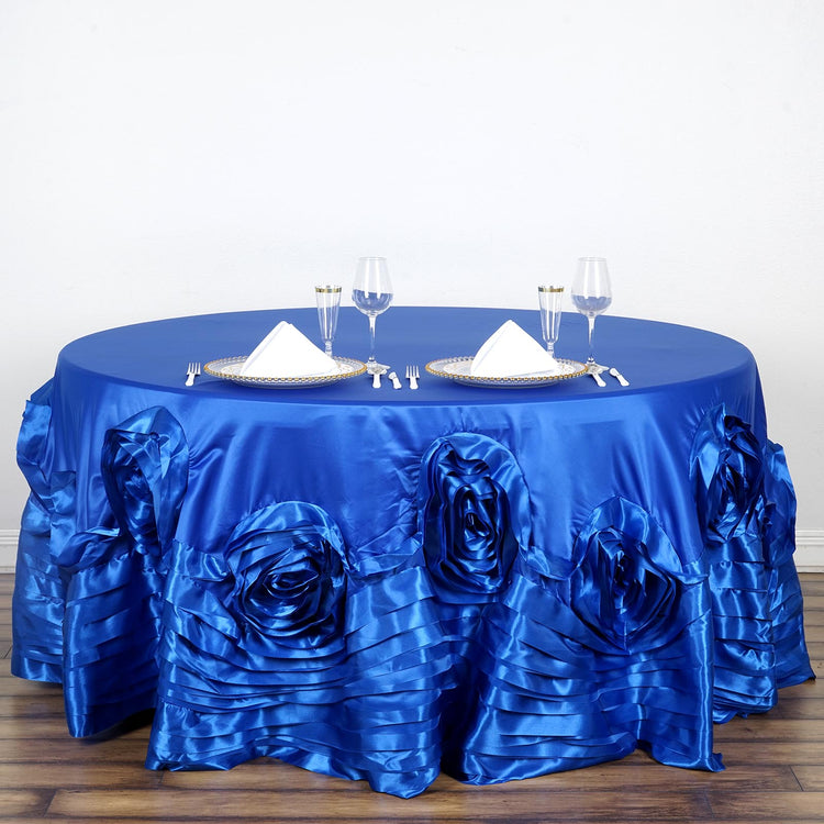 Royal Blue Large Rosette Round Lamour Satin Tablecloth 120 Inch