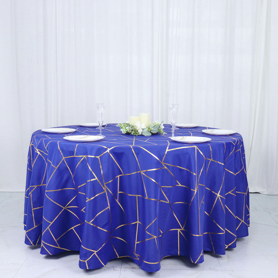 120 Inch Royal Blue Round Polyester Tablecloth with Gold Foil Geometric Pattern