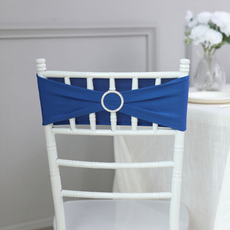 5 Inch x 14 Inch Royal Blue Spandex Chair Sashes With Silver Diamond Ring Buckles