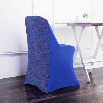 Royal Blue Spandex Stretch Folding Chair Cover, Fitted Chair Cover with Metallic Shimmer Tinsel Back