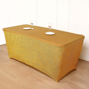 6ft Ruffled Metallic Gold Spandex Table Cover With Plain Top, Rectangular Fitted Tablecloth