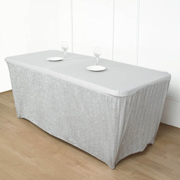 6ft Ruffled Metallic Silver Spandex Table Cover With Plain Top, Rectangular Fitted Tablecloth
