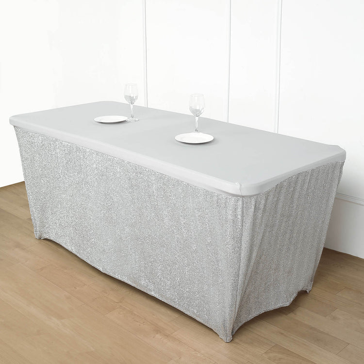 Silver Shimmer Tinsel Spandex Table Cover With Plain Top 6 Feet Rectangular 